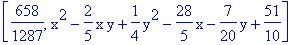 [658/1287, x^2-2/5*x*y+1/4*y^2-28/5*x-7/20*y+51/10]